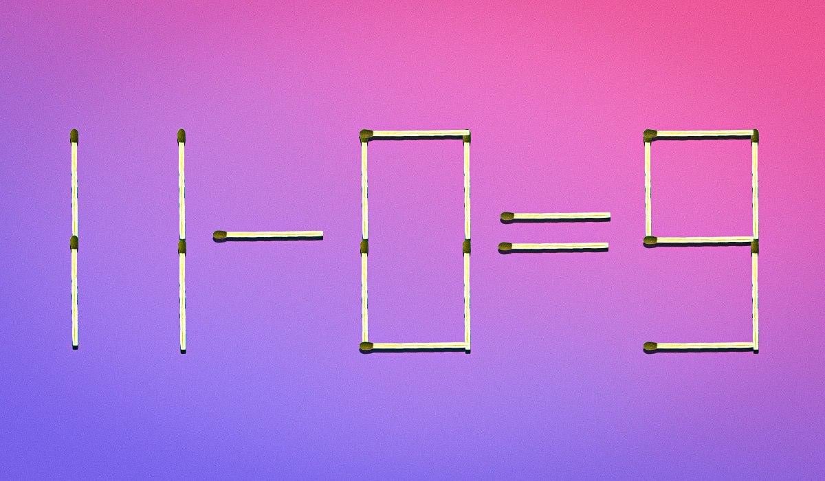 Aby byla rovnice správná, je třeba vzít levou horní sirku z čísla 9 a přiložit ji doprostřed čísla 0. Tím se číslo 9 změní na 3 a číslo 0 na 8. Tím dostaneme správnou rovnici: 11 - 8 = 3. Moje koláž